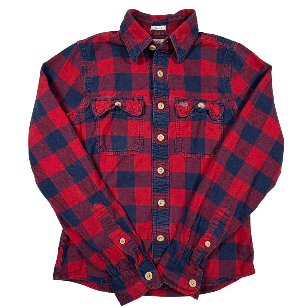 Abercrombie & Fitch Mens Muscle Fit Flannel Shirt Small Red Navy Buffalo Plaid